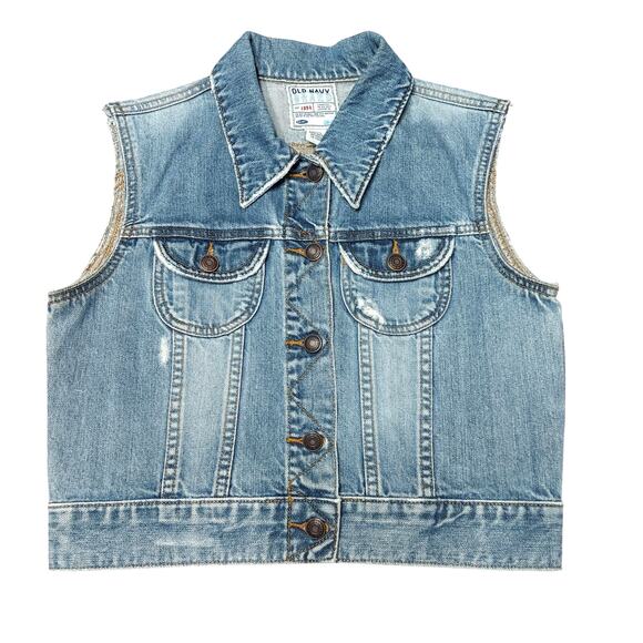 Old Navy Women's Medium Wash Distressed Cropped Denim Vest - Picture 1 of 4